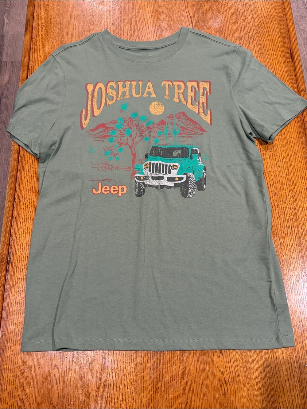 Goodfellow & Co Olive Joshua Tree Graphic Tee with Teal Jeep and Gold Accents